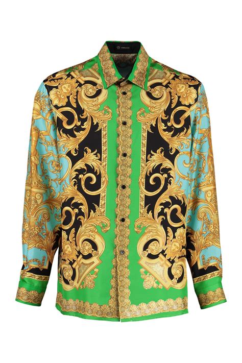 silk woman versace blue and gold button up|Versace Silk Printed Button.